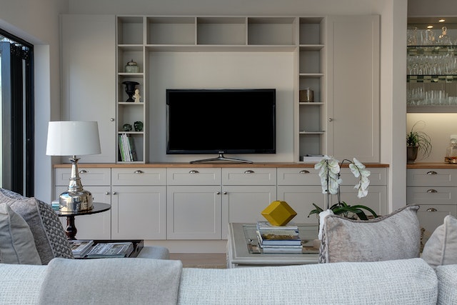 living room with built-in bookshelf and TV